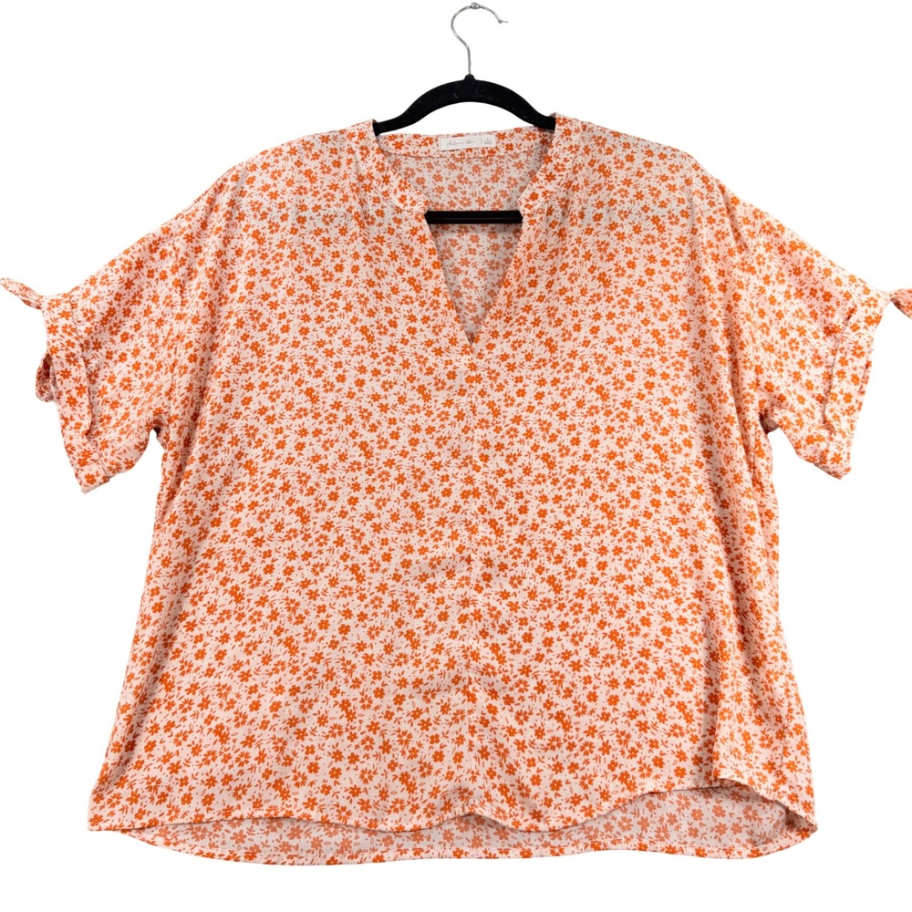 Active USA Blouse Floral V-Neck Polyester Large Orange Boho Summer Top